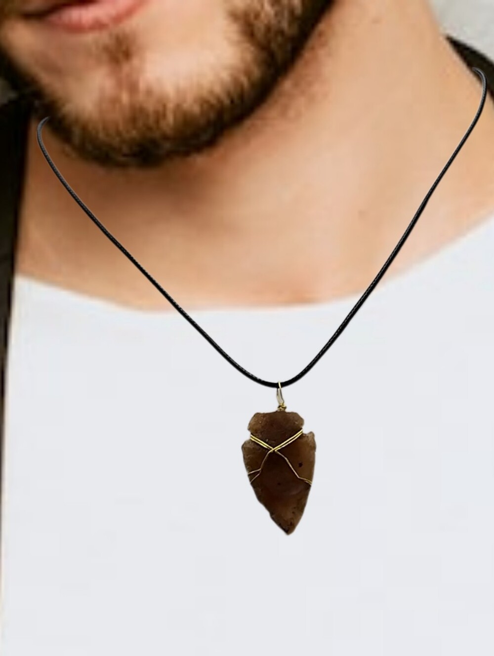 Hand-Knapped Brown Arrowhead Pendant w/ Black Cord Necklace NWOT